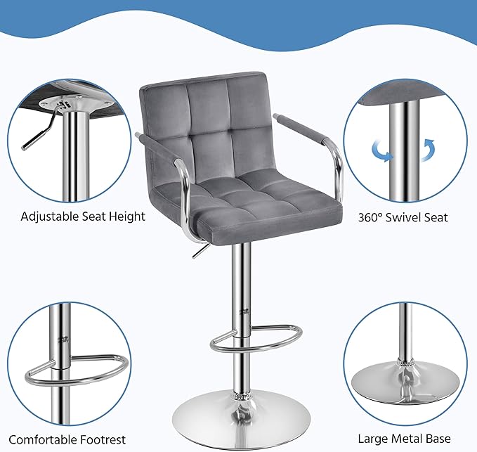 Yaheetech Velvet Bar Stools Set of 4, Adjustable Barstools with Armrest, Counter Height Stool Chairs with Thickened Seat Cushion for Kitchen Island, Dark Grey