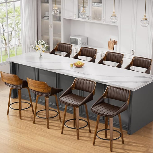 Bar Stools Set of 8, 26" Swivel Counter Height Barstools with Walnut Bentwood Back and Legs, Mid-Century Modern Faux Leather Upholstered Bar Chairs with footrest for Bar, Kitchen Island, café, Brown