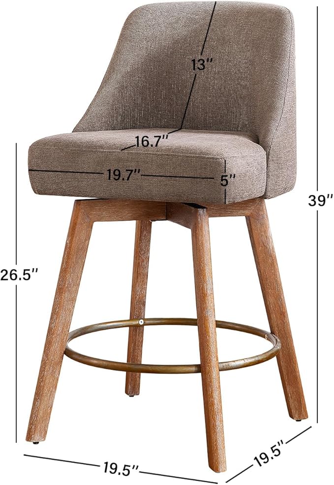 IWOOD Mid Century Modern Counter Height Bar Stools Set of 4,360° Swivel Barstools with Solid Wood Legs，26'' Island Chairs with Wrap-Around Backrest,Grey Linen Comfort Fabric