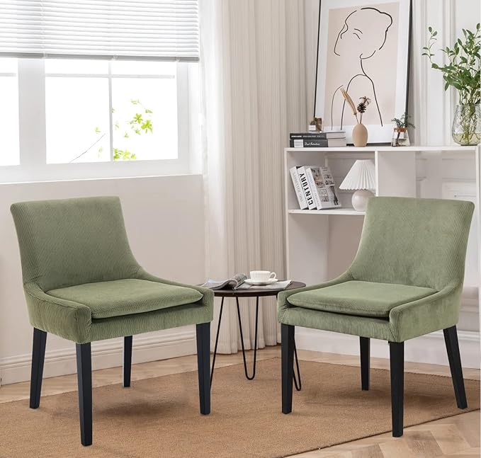 COLAMY Modern Dining Chairs Set of 6, Upholstered Corduroy Accent Side Chairs with Mid Back and Wood Legs for Living Room/Dining Room- Light Green