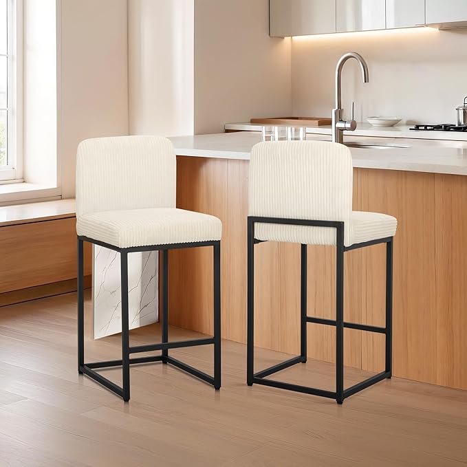 ALPHA HOME 24" Bar Stools Set of 4 Kitchen Counter Stools with Back, Counter Height Stools with Upholstered Footrest for Kitchen Island, Metal Steel Frame, Corduroy, Ivory