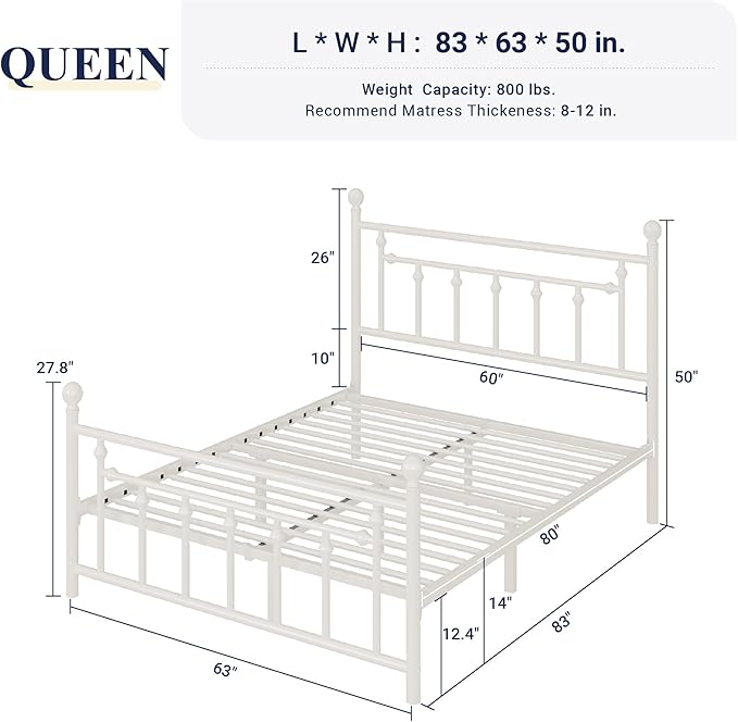 Allewie 14 Inch Queen Size Metal Platform Bed Frame with Victorian Vintage Headboard and Footboard/Mattress Foundation/Under Bed Storage/No Box Spring Needed/Easy Assembly/Noise Free/White