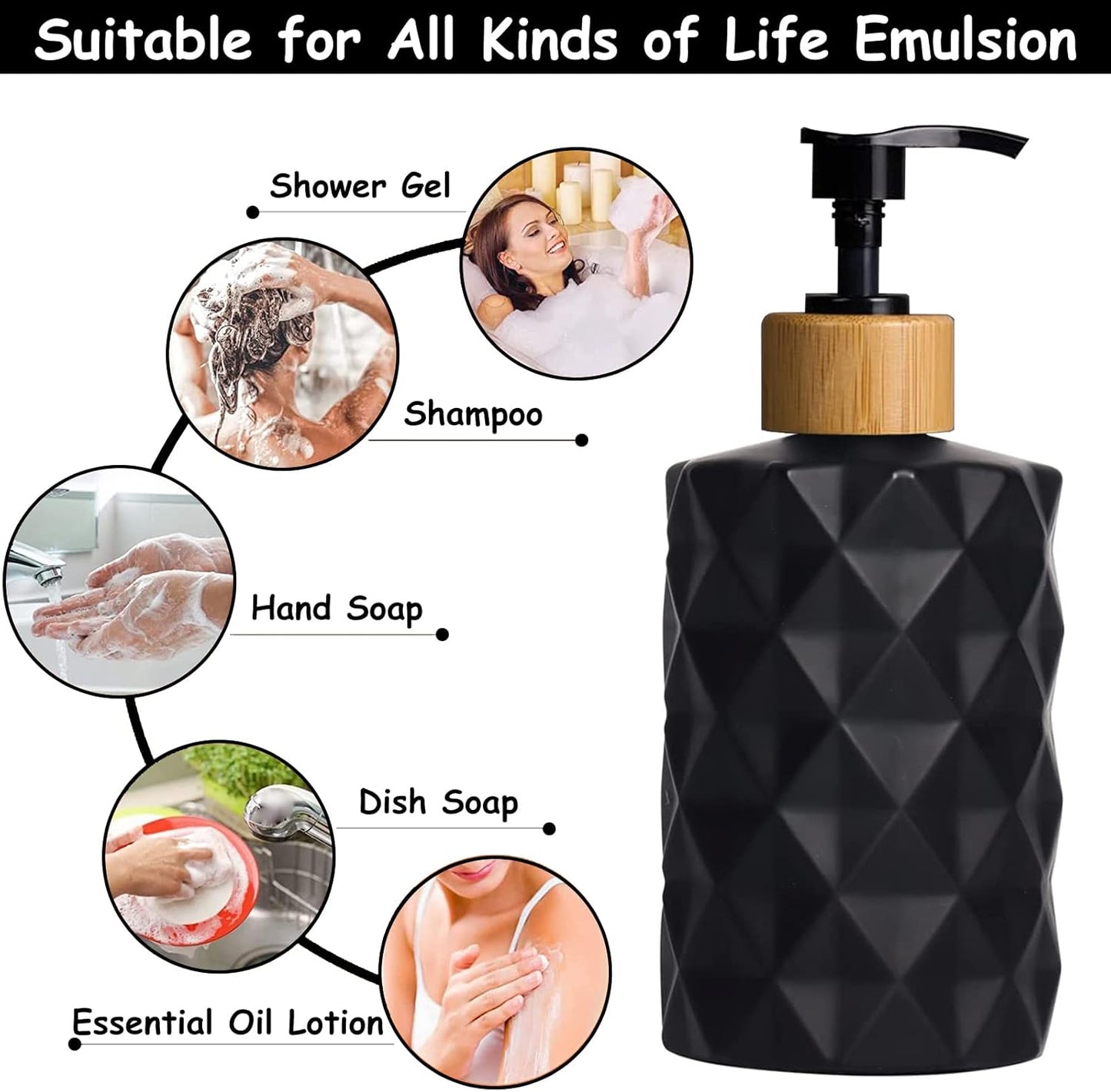 Black Glass Soap Dispenser Set with Bamboo Pump, 12oz Refillable Liquid Hand Soap, Lotion Dispenser for Modern Home Decor, Bathroom, Kitchen Countertop, Hotel (2 Pack)