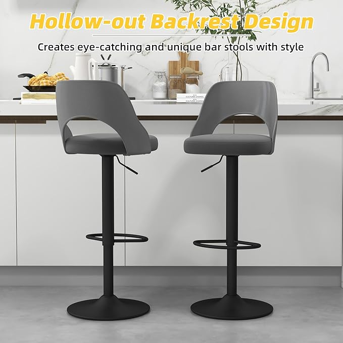 civama Bar Stools Set of 6 for Kitchen Counter, Seat Height Adjustable 25''-33'', Modern Upholstered Swivel Island Chairs with Hollow Backrest Metal Base, Grey