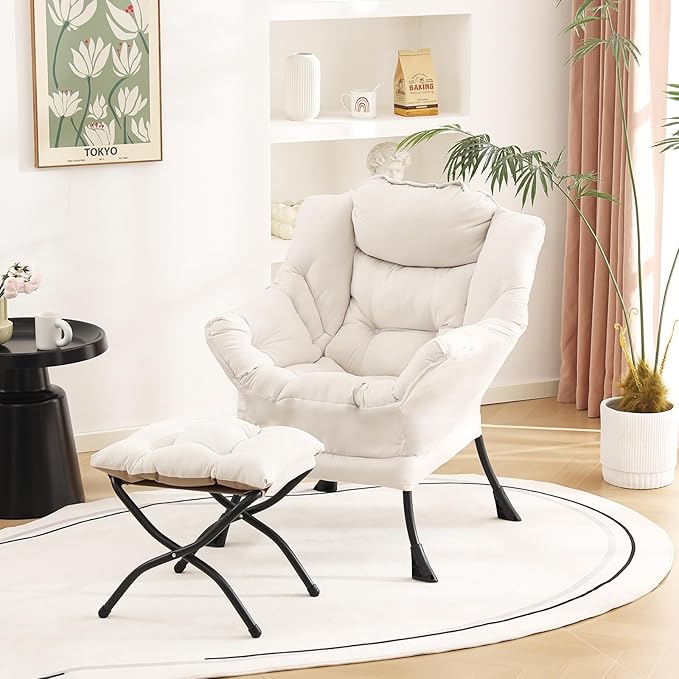 Welnow Lazy Chair with Ottoman, Modern Reading Lounge Accent Chair with Armrests and a Side Pocket, Leisure Upholstered Lazy Sofa Set with Footrest for Small Space, Beige