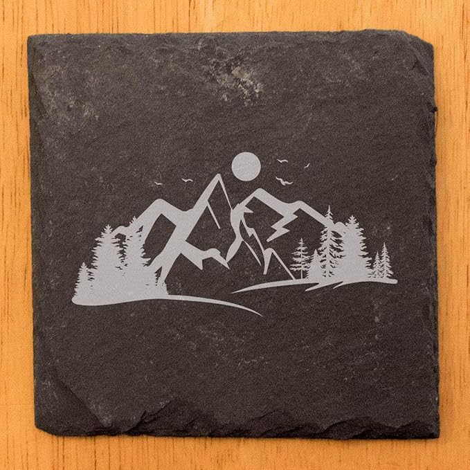 Mountain Majesty Slate Coasters with Stunning Mountain Scene Design - Perfect for Home and Office Decor and Protection of Surfaces, Available in Square or Round Coasters - Square Slate - Set of 4