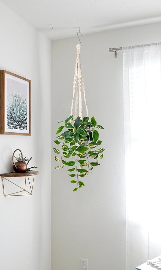 Briful Artificial Hanging Plant Indoor, Macrame Plant Hanger with Fake Pothos Plant in White Pot, Faux Hanging Plant for Home Ceiling Farmhouse Kitchen Decor