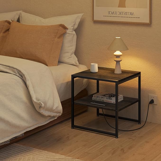 Tatub 20" End Table with Charging Station, Industrial Square Side Table with USB Ports & Outlets, Versatile 2-Tier Small Nightstand for Bedroom Living Room, Grey