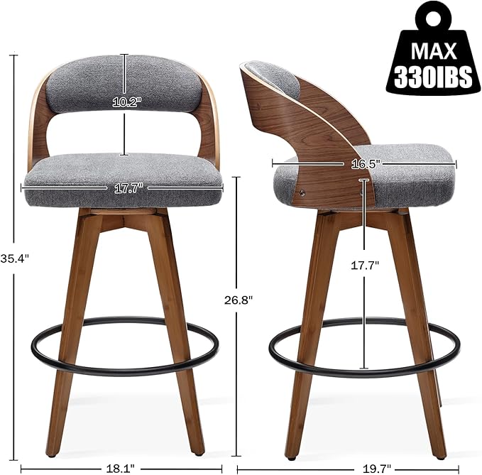 Barstools Set of 3,Counter Height Bar Stools for Kitchen Island,26.8 Inch Modern Upholstered Bar Chair, Swivel Counter Stools with Wood Back and Bamboo Legs (Darkgray-Fabric)