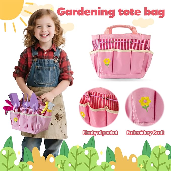 Kids Pink Gardening Tools Set, Garden Toys w/Metal Rake, Shovel, Trowel, Watering Can, Gloves, Tote Bag, Plant pots, DIY Bookmark Kits, Spring Summer Toy Outdoor Gift for Toddler Boy Girl
