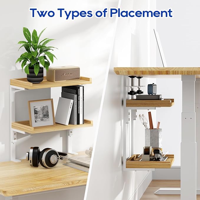 Clamp On Desk Shelf 2-Tier, 12.5 inch Wood Shelving Unit for Office Desk/Gaming Accessories, Tabletop Book Storage Rack, Shelf for Top & Under of Desk, Natural