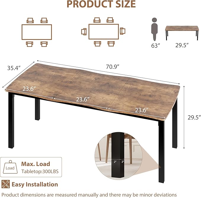 IDEALHOUSE 70.9”Dining Table with Wave Irregular Edge, 15mm Thick MDF Top & Metal Frame, for Kitchen, Quick Assembly, Wooden Kitchen Table for 6-8, Waterproof Scratch-Resistant, Retro Brown