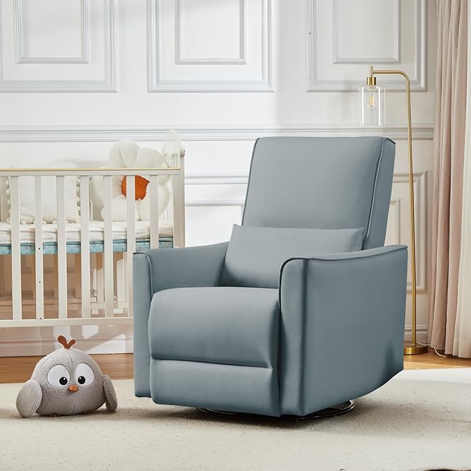 GarveeHome Recliner Chair, 360° Swivel Rocker Glider Nursery Chair with Padded Armrest and Deep Seat, PU Leather Upholstered Reclining Sofa Chair for Living Room, Bedroom and Nursery (Gray)