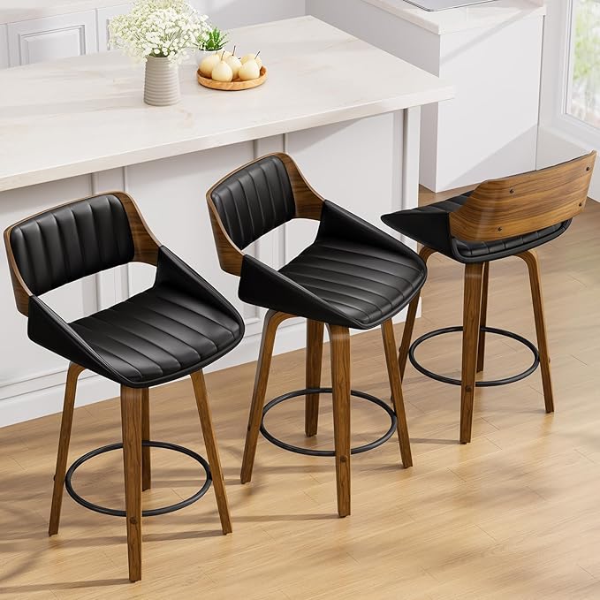 Bar Stools Set of 2, 26" Swivel Counter Height Barstools with Walnut Bentwood Back and Legs, Mid-Century Modern Faux Leather Upholstered Bar Chairs with footrest for Bar, Kitchen Island, café, Black