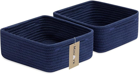 Small Square Shallow Baskets for Organizing, 9.7x9.7x4.3 Inch Rope Woven Storage Bins for Cubes Closet, Shelves Storage, Boho Decorative Basket, 2 Packs Navy Blue