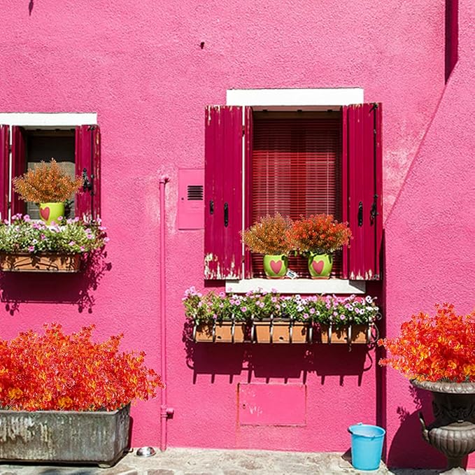 10PCS Artificial Eucalyptus Plants,Fake Boxwood Shrubs UV Resistant No Fade Faux Plastic Greenery for Wedding Bridal Bouquet Indoor Outdoor Home Garden Kitchen Office Table Vase(Fall Red)