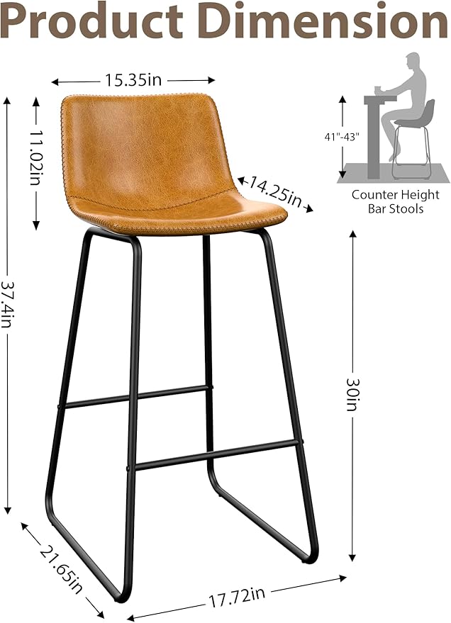 Bar Stools Set of 4, 30 Inches Counter Height Bar Stools with Back, Modern Faux Leather Barstools with Metal Legs and Footrest, Bar Chairs for Kitchens Island (Whiskey Brown)