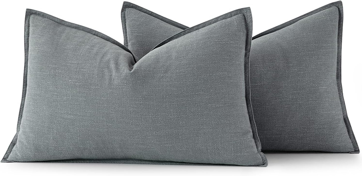 MIULEE Decorative Linen Lumbar Pillow Covers 12x20 Inch Gray Boho Farmhouse Neutral Couch Throw Pillows for Bed Pack of 2 Accent Modern Pillowcase Sofa Livingroom Home Decor