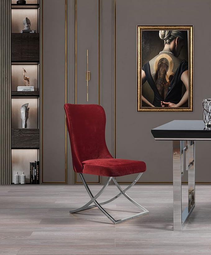 Ottomanson Royal Dining Chairs Set of 2 – Upholstered Tufted Microfiber, Assembled, Silver Metal Legs, Beech Wood Frame, 350 lb Capacity, Burgundy