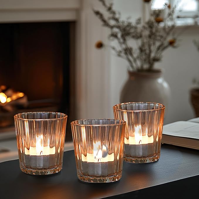 ComSaf Votive Candle Holders, 12 PCS Glass Candle Holders, Ribbed Tealight Candle Holder for Table Centerpieces, Gold Candle Holder for Wedding, Party, Baby Shower, Special Occasions, Fall Home Decor
