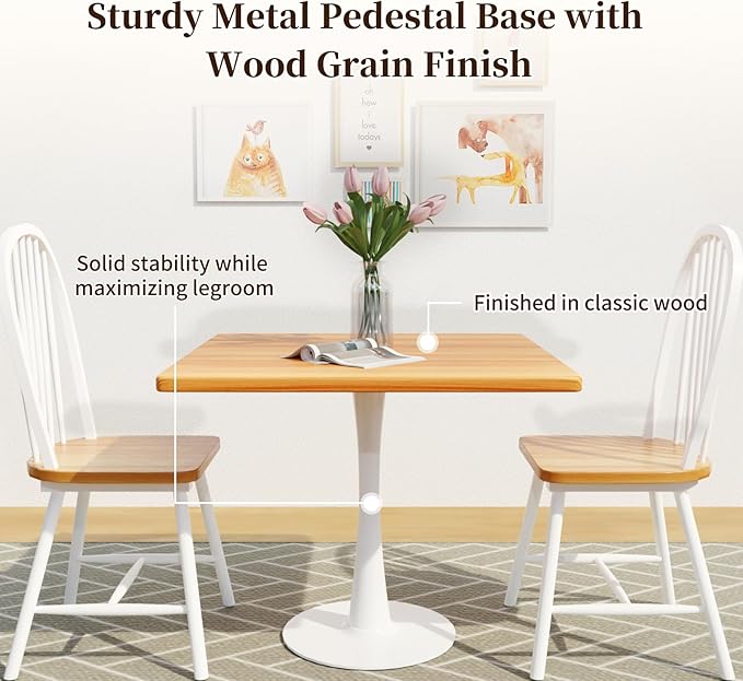 23.6" Square Small Dining Table for 2, Tulip Bistro Table with White Metal Pedestal Base, Modern Mid-Century Compact Kitchen Dining Piece for Home, Café, Restaurant, or Office