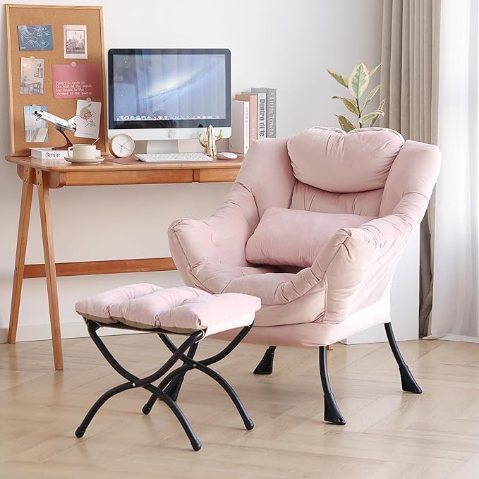 Lazy Chair with Ottoman, Modern Accent Chair with Lumbar Pillow, Comfy Chairs with Folding Footrest for Bedroom, Reading, Oversized Supportive Lounge Chairs(Velvet Pink)