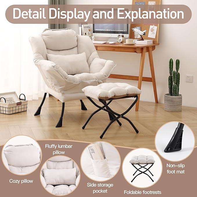 Lazy Chair with Ottoman, Modern Accent Chair with Lumbar Pillow, Comfy Chairs with Folding Footrest for Bedroom, Reading, Oversized Supportive Lounge Chairs(Beige)