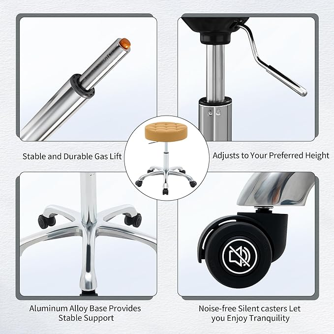 Drafting Stools with Wheels (Adjustable Height 20-27 inch) (300lbs Capacity) Round Vanity Stool (Camel Brown)