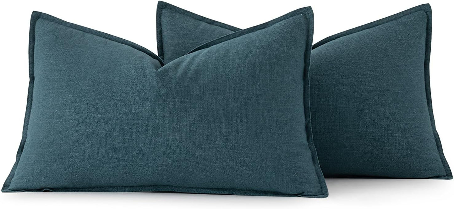 MIULEE Decorative Linen Lumbar Pillow Covers 12x20 Inch Blue Boho Farmhouse Neutral Couch Throw Pillows for Bed Pack of 2 Accent Coastal Modern Pillowcase Summer Sofa Livingroom Home Decor