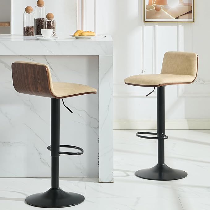 Set of 2 Swivel Bar Stools Adjustable Height, Faux Leather Barstools with Wooden Back and Footrest, Counter Height Bar Height Chairs for Kitchen Island, Dining Room, Beige