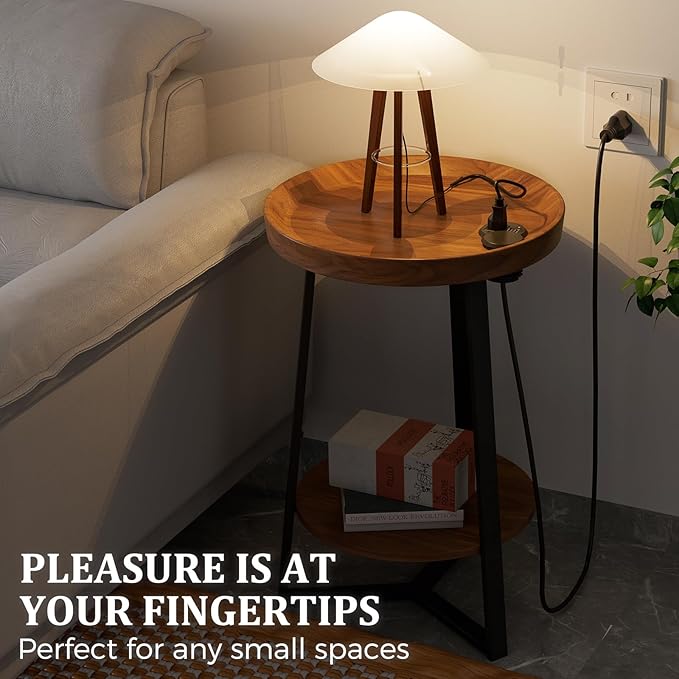 Gadroad Round End Table with Charging Station, USB Ports, Wood Tabletop & Black Metal Frame, 2-Tier Side Table for Living Room, Bedroom, Brown 15.7 * 15.7 * 23.0inches