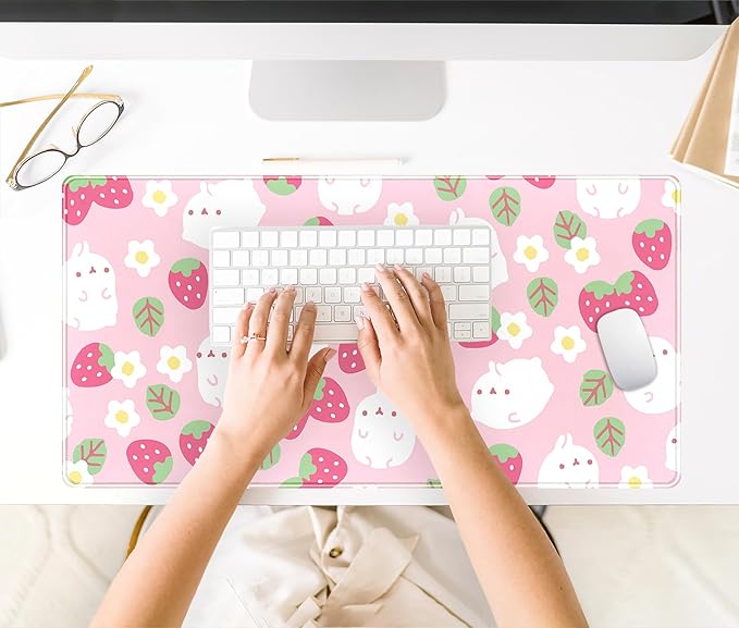 Pink Kawaii Desk Mat, Strawberry Field Desk Pad Large, Extended Mouse Pad Cute, XXL Laptop Computer Keyboard Mat Desktop Mouse Mat, Gaming Computer Pad Women Desk Decor Accessories 31.5"x15.75"