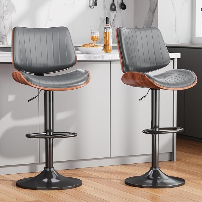 Swivel Bar Stools Set of 3, Adjustable Bentwood Barstools for Kitchen Counter, Modern PU Leather Upholstered Bar Chair with Back and Footrest, for Kitchen Island, Bar, Dining Room, Gray