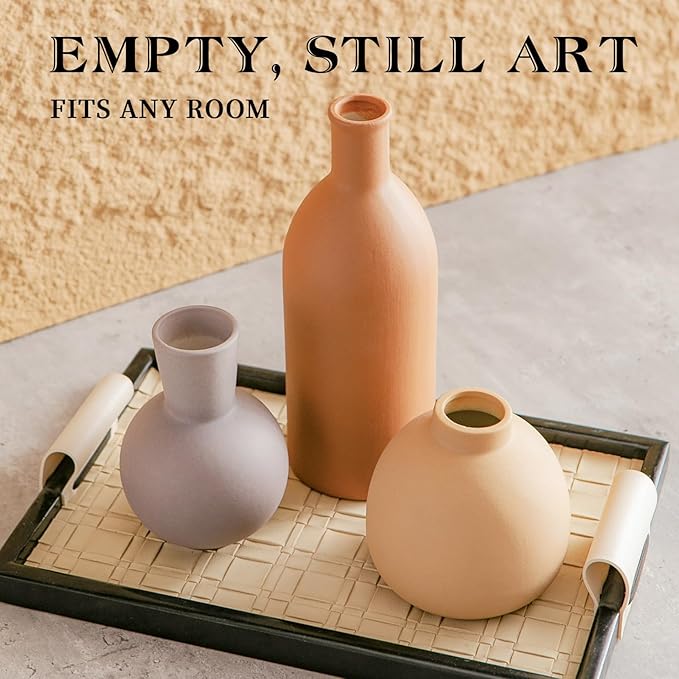 Ceramic Flower Vase Set of 3, Home Decor Vases for Centerpieces, Tulips Flowers Pampas Grass Decor, Boho Rustic Farmhouse Kitchen Bedroom Bathroom Living Room Office Wall Decor Aesthetic -Brown