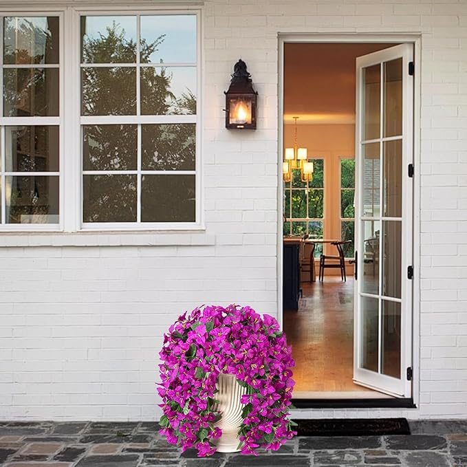 2 pcs Artificial Faux Bougainvillea Flowers Plants for Outdoor Outside Summer Decoration, Fake Silk UV Resistant Long Trailing Vines for Front Door Porch Planter Balcony (Purple Deep Lotus)