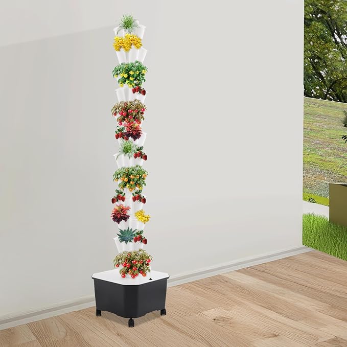 12-Tier Hydroponic Growing Tower, 60-Plant Indoor Gardening System w/Automatic Water Circulation, Vertical Aeroponic Tower Garden for Herbs, Vegetables, Fruits (White, 60-Plants)