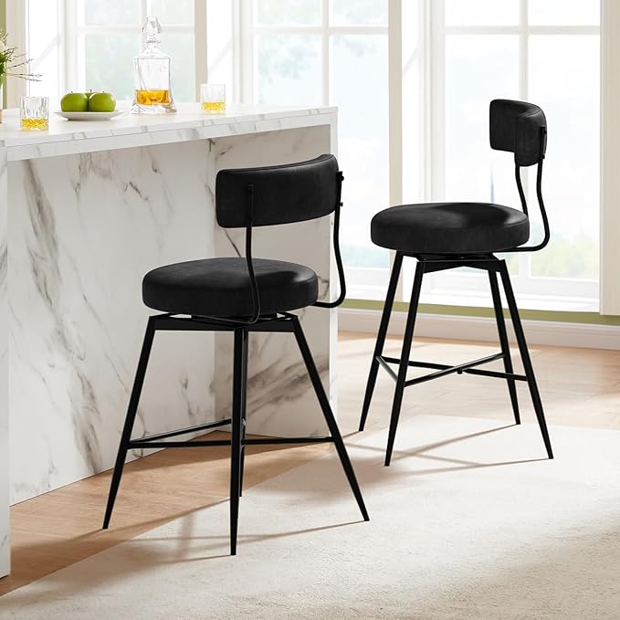 Bar Stools Set of 2, Swivel Counter Height Bar Stools with Back, 27 Inch Black PU Leather Upholstered Kitchen Bar Chairs for Kitchen Counter Island, Dining Chairs with Footrest Metal Legs