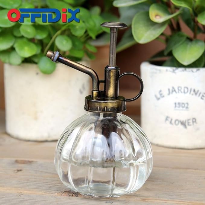 OFFIDIX Transparent Glass Watering Spray Bottle, 6.3 Inches Tall Vintage Style with Bronze Plastic Top Pump One Hand Plant Mister Glass Watering Can Indoor