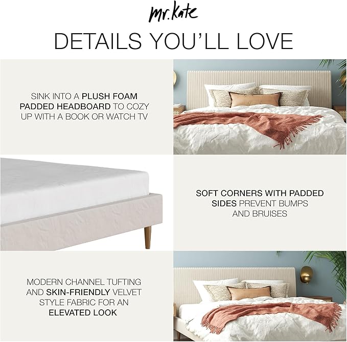 Mr. Kate Daphne Upholstered Bed with Vertical Channel Tufted Headboard, King, Ivory Velvet