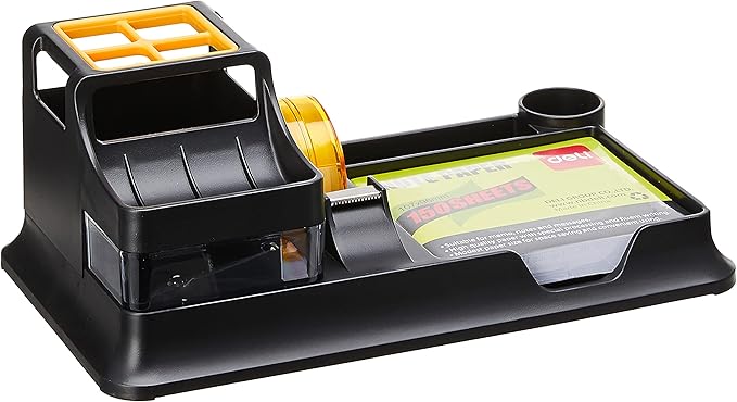 deli Black Office Supplies for Desk, 17Pcs Desk Organizers and Accessories with 4 Pens,Tape Dispenser,Stapler,Staples,Staple Remover,Pen Holder,Scissor,Ruler,Eraser,Note Pad,Cutter,Clips Set