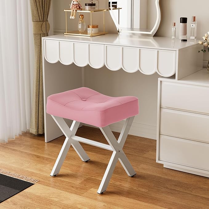 18-Inch Leather Vanity Stool Chair, Vanity Bench with Metal X-Leg, Ottoman Accent Stool with Thick Padded Saddle Seat, Pink