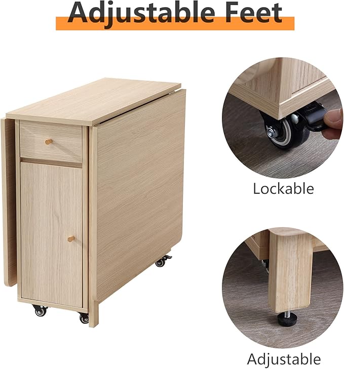 Extendable Drop Leaf Folding Dining Table with 2 Drawers and 4 Wheels for Living Room Kitchen Farmhouse Space Saving Table in Wood Color