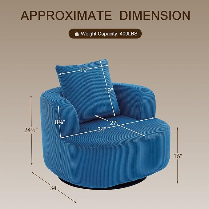 Furnimart 360° Swivel Barrel Accent Chair Set of 2, Round Upholstered Comfy Lounge Chair, Corduroy High-Resilienc Foam Single Sofa, No Assembly Wide Seat for Living Room, Bedroom, Apartment (Blue)