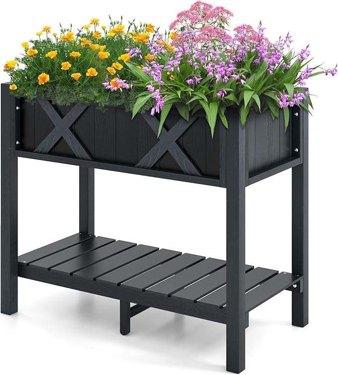Giantex HIPS Raised Garden Bed, Elevated Planter Box w/Legs, Storage Shelf, Drainage Holes, Weather-Proof Standing Raised Beds for Backyard Balcony Flower Vegetable (Black, 34" x 18" x 29")