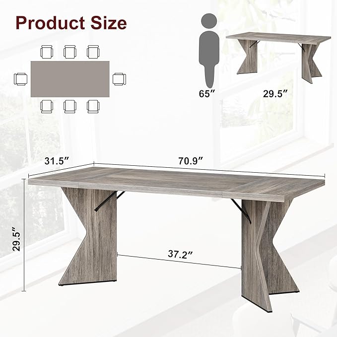 70.9'' Dining Table for 6, Farmhouse Rectangular Kichen Table with Sturdy Frame and “V” Leg, Wooden Thickened Long Desk and Dinner Desk for Dining Room, Kitchen, Office, Game Room(Grey)