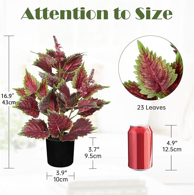 Artificial Plants Indoor with Pot 16.9" Faux Potted Perilla Plants Indoor Decorative Silk Greenery in Black Pot for Farmhouse Home Bathroom Living Room Office Table Shelf Decor