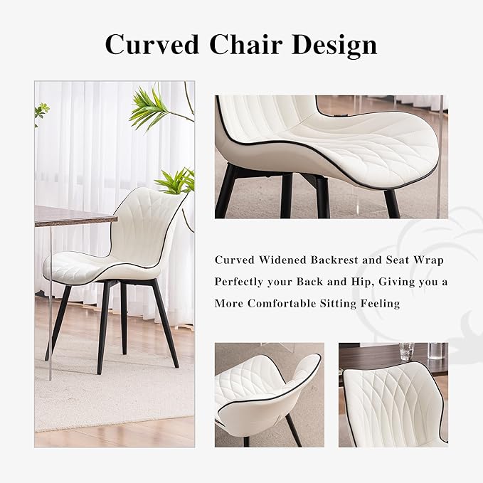 YOUNIKE Dining Chairs Set of 2, Upholstered Faux Leather Dining Room Chairs with Wide Curved Back and Adjustable Metal Legs, White