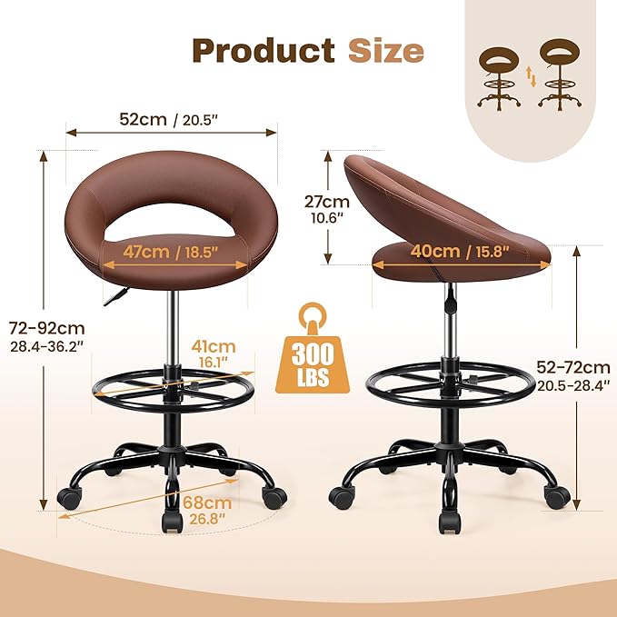 Drafting Chair with Back, Height Adjustable Rolling Stool with Foot Rest, Tall 360° Swivel Stool PU Leather Chair with Wheels for Home Office, Standing Desk, Brown