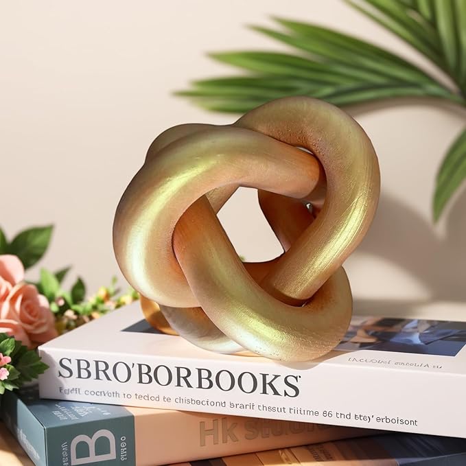 Wood Knot Decor -Coffee Table Decor Shelf Decor Table Books Hand Carved Home Decoration Boho Country Rustic Modern Shabby Chic Style 3 Link Wooden Knot Chain Link Decor (Gold)