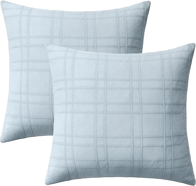 MIULEE Decorative Linen Check Euro Shams Throw Pillow Covers Neutral Farmhouse Vintage Pillow Covers 22x22 Set of 2 Boho Modern Home Decor for Sofa Couch Bedroom Cushion Coastal Blue